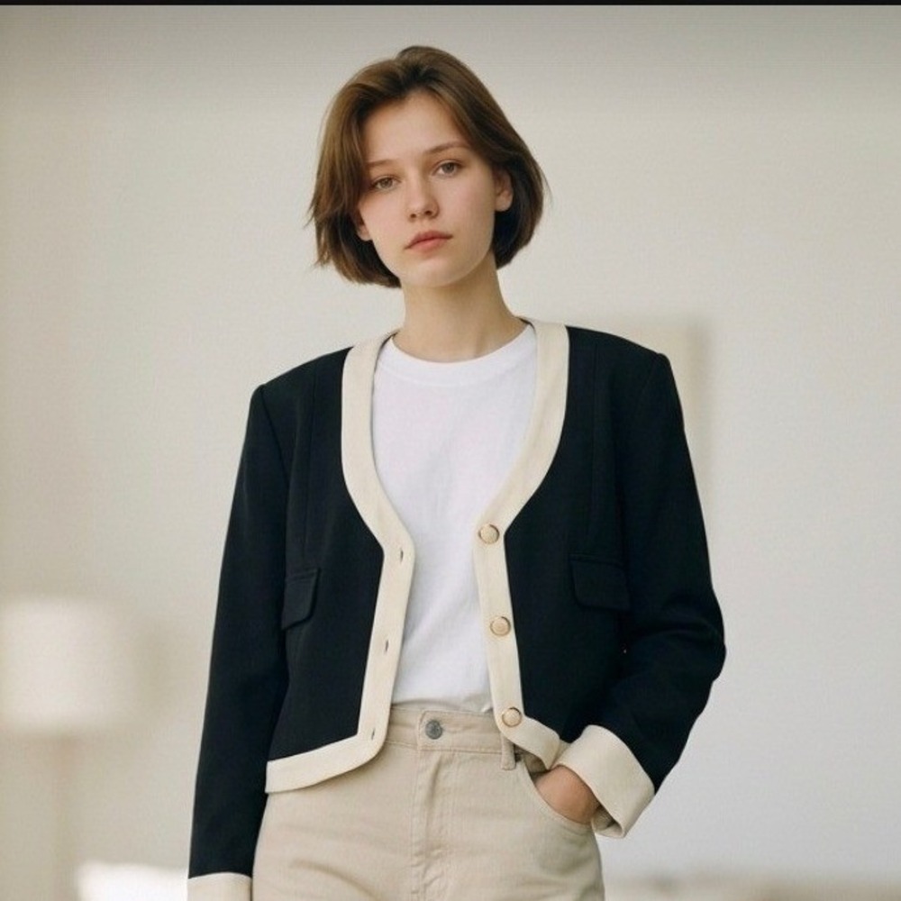 Bern and Mort Women Black Trim Cropped Blazer Jacket V-Neck Button Front